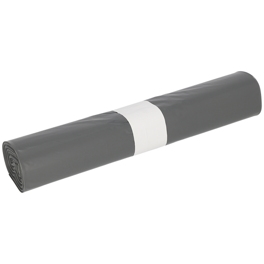 Eine Rolle DEISS 94028 Müllsäcke (600x800x0,05 mm, grau, 25 Stück) der EMIL DEISS KG ist mit einem weißen Papierband gesichert und vor einem schlichten hellen Hintergrund abgebildet.