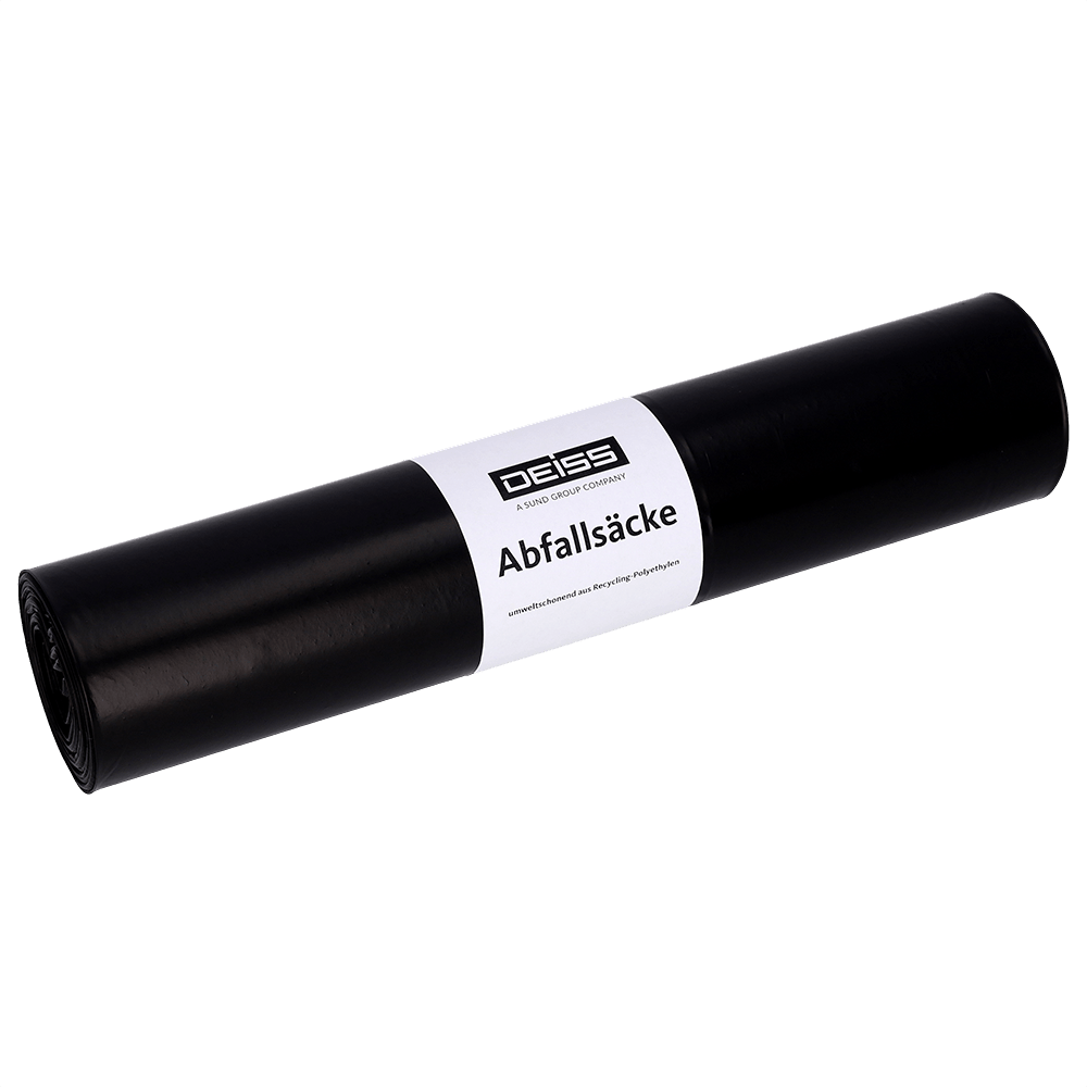 L'image montre un rouleau de sacs poubelle noirs DEISS 95036 (500+400x1100 mm, type 60, 25 sacs/rouleau) de EMIL DEISS KG (GmbH + Co.) avec une étiquette blanche sur un fond clair.