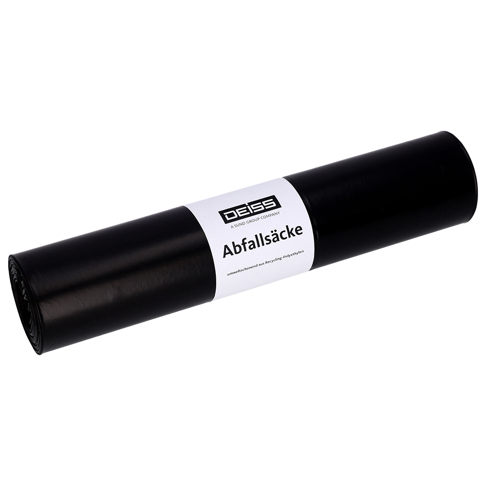 Eine schwarze Rolle EMIL DEISS KG (GmbH + Co.) Müllsäcke mit der Aufschrift "DEISS 95059 - 600x700 mm Typ 60 schwarz | Rolle (25 Stück)" liegt auf einem schlichten, hellen Hintergrund.