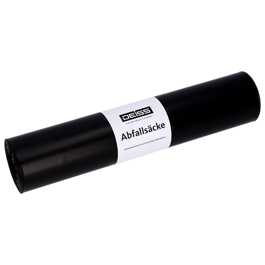 Eine schwarze Rolle EMIL DEISS KG (GmbH + Co.) Müllsäcke mit der Aufschrift "DEISS 95059 - 600x700 mm Typ 60 schwarz | Rolle (25 Stück)" liegt auf einem schlichten, hellen Hintergrund.