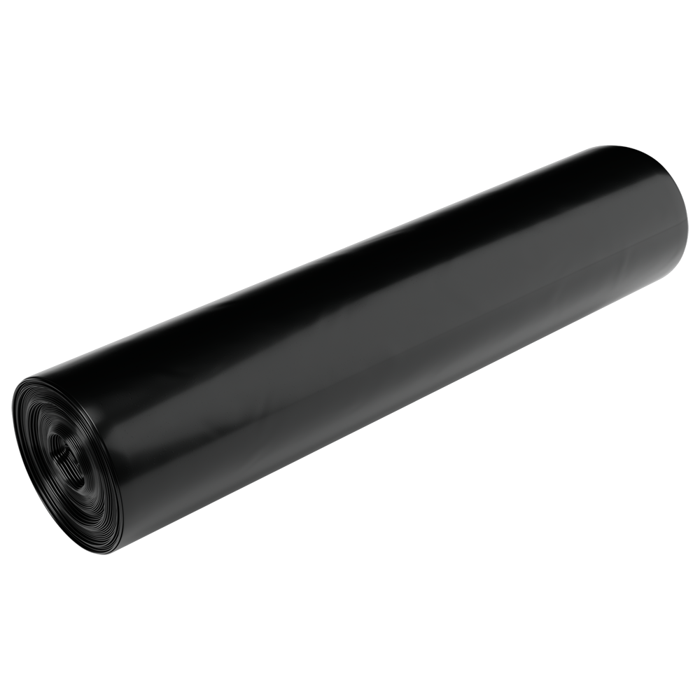 Eine Packung EMIL DEISS KG (GmbH + Co.) DEISS 95467 Müllsäcke Typ 60 schwarz, 600x700 mm (25 Stück), ist vor einem schlichten weißen Hintergrund abgebildet. Die straff gewickelten Müllsäcke haben eine glatte, glänzende Oberfläche.