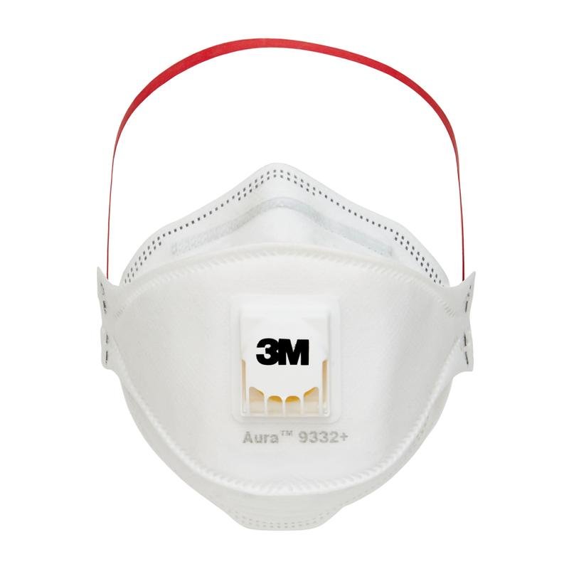 Le masque respiratoire à particules 3M™ Aura™ Comfort Cool Flow™ 9332+, FFP3, de 3M Deutschland GmbH est un masque facial blanc avec un bandeau rouge, une valve d'expiration intégrée et le logo 3M sur le devant.