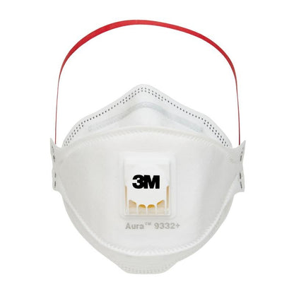 Le masque respiratoire à particules 3M™ Aura™ Comfort Cool Flow™ 9332+, FFP3, de 3M Deutschland GmbH est un masque facial blanc avec un bandeau rouge, une valve d'expiration intégrée et le logo 3M sur le devant.