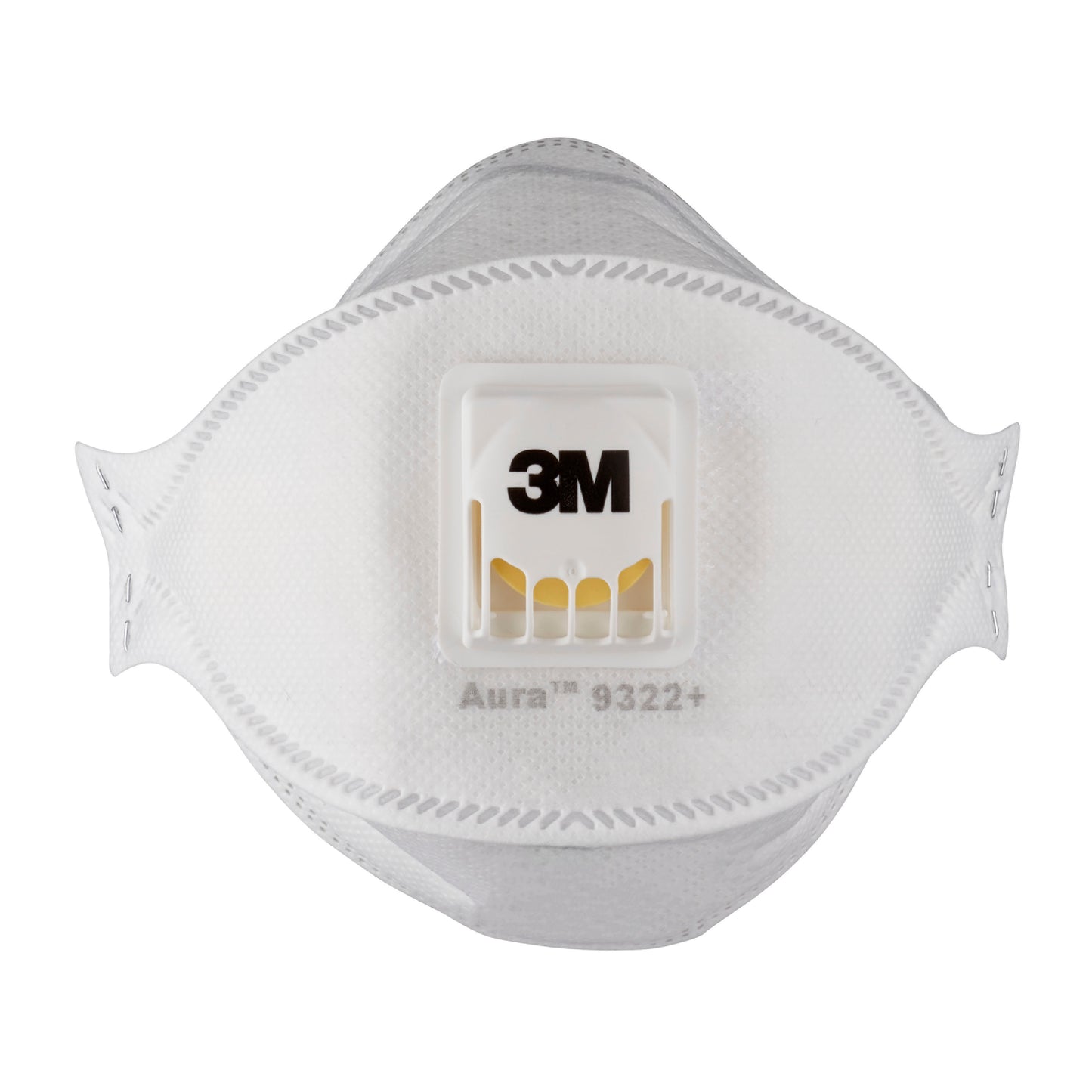 Eine weiße 3M™ Aura™ Comfort Cool Flow™ Partikelmaske 9322+ FFP2 mit Zentralventil und Logo der 3M Deutschland GmbH ist frontal vor einem einfarbigen Hintergrund abgebildet.
