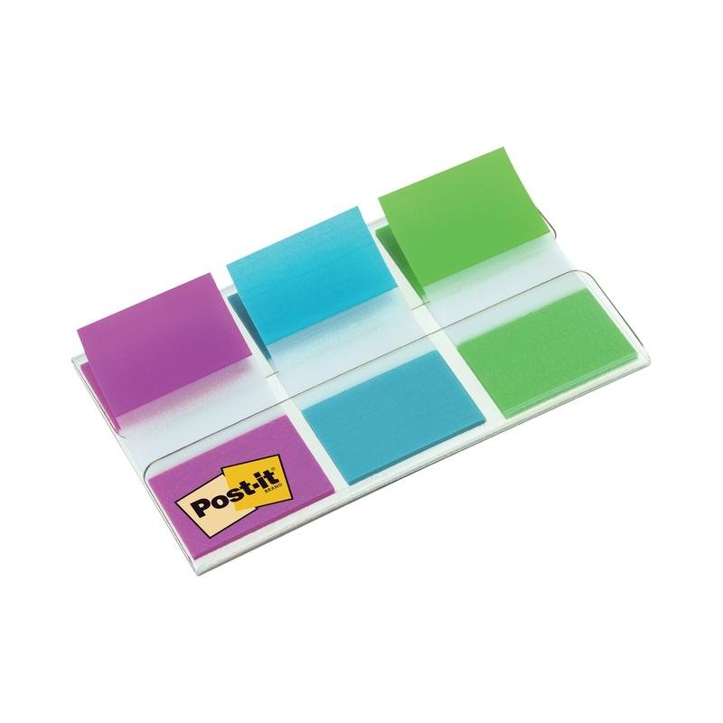 Un paquet de languettes adhésives Post-it® Index (25,4 mm x 43,2 mm, 60 pièces) de différentes couleurs de 3M Deutschland GmbH, partiellement retirées d'un distributeur transparent - idéal pour l'organisation de documents et une identification facile.