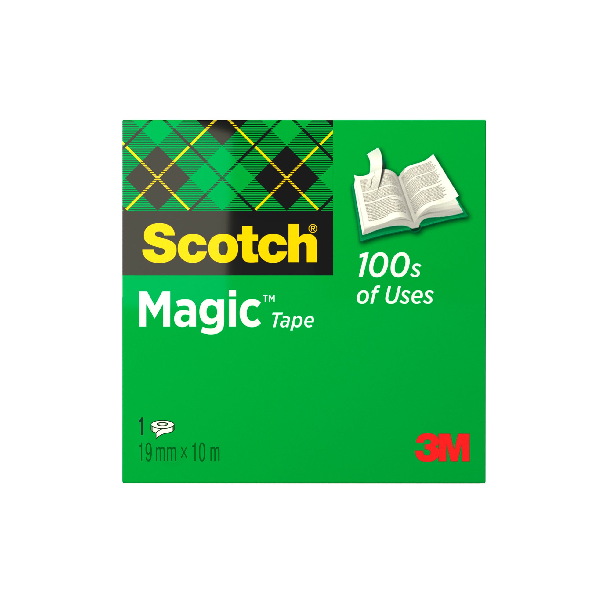 Grüne Verpackung von Scotch® Magic™ Unsichtbares Klebeband von 3M Deutschland GmbH, mit Argyle-Muster, Grafik eines offenen Buches, Text "100s of Uses", 3M-Logo unten rechts und Klebebandgröße 19 mm x 10 m.
