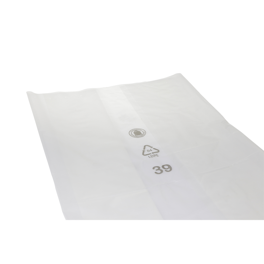 Transparenter DEISS PREMIUM Abfallsack 240 Liter der EMIL DEISS KG mit Recycling-Symbolen, der Zahl 39 und dem Aufdruck "04 LDPE" in Schwarz auf weißem Grund.