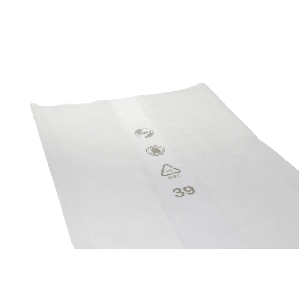 Le EMIL DEISS KG (GmbH + Co.) DEISS 99026 est un film plastique transparent (700+250x1200x0,05 mm) pour emballages avec des symboles de recyclage et d'identification du matériau ainsi que le chiffre 39 en noir sur fond blanc. Le carton contient 200 pièces.