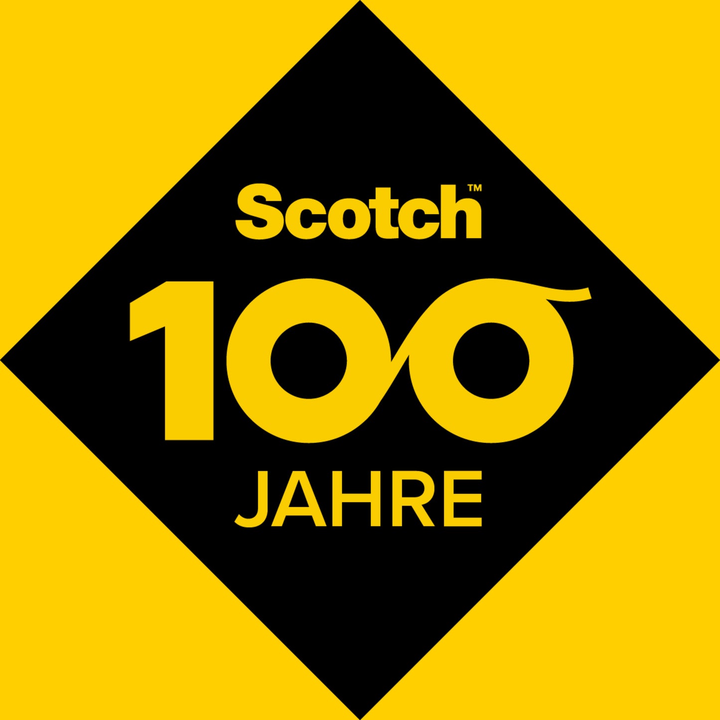 Eine schwarze Raute mit gelber Umrandung zeigt "Scotch 100 JAHRE" - zur Feier von 100 Jahren Scotch® Crystal Klebeband Nachfüllpackung, 19 mm x 7,5 m, 2 Rollen von 3M Deutschland GmbH. Die "100" ist mit einem Unendlichkeitssymbol versehen, der Hintergrund ist einfarbig gelb.