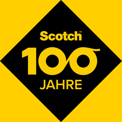 Eine schwarze Raute auf Gelb zeigt "Scotch 100 JAHRE" in Gelb, mit 100 als Unendlichkeitssymbol, zur Feier des Scotch™ Klebeband-Abrollers C18 + Scotch® Magic™ Unsichtbares Klebeband (19 mm x 33 m) von 3M Deutschland GmbH.