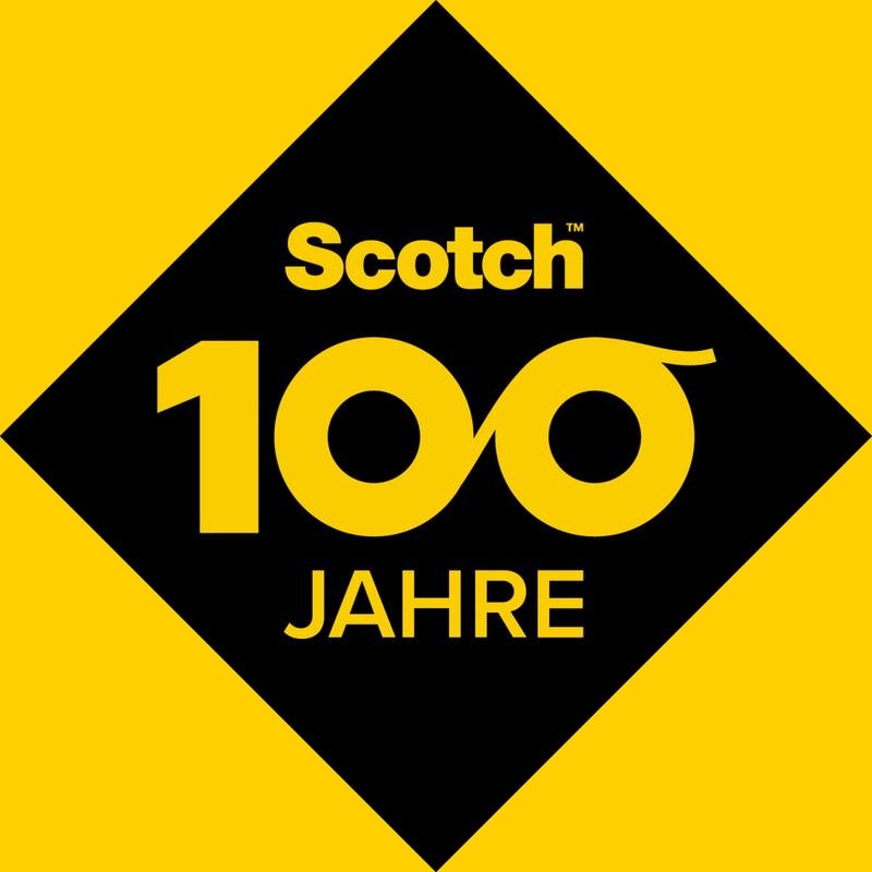 Un losange noir sur fond jaune affiche le logo du ruban adhésif double face Scotch® au-dessus d'un "100" jaune en gras avec "ans" en dessous, célébrant ainsi 100 ans de qualité de 3M Deutschland GmbH. Inclut une recharge, 2 rouleaux, 12 mm x 6,3 m.