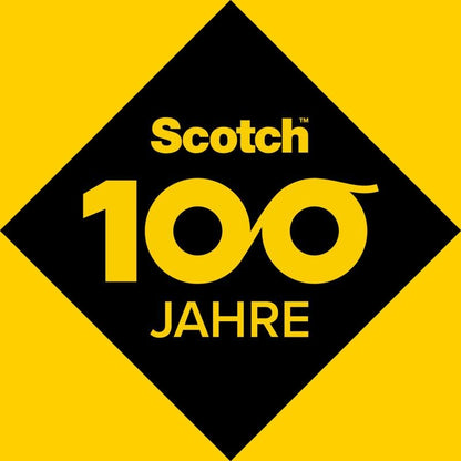 Un losange noir sur fond jaune affiche le logo du ruban adhésif double face Scotch® au-dessus d'un "100" jaune en gras avec "ans" en dessous, célébrant ainsi 100 ans de qualité de 3M Deutschland GmbH. Inclut une recharge, 2 rouleaux, 12 mm x 6,3 m.