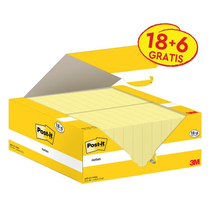 Une boîte ouverte de Post-it® Notes, jaunes (38 mm x 51 mm, 100 feuilles par bloc), de la marque 3M Deutschland GmbH, contient plusieurs feuilles jaunes ; l'emballage comprend 18 blocs + 6 gratuits et porte le label environnemental PEFC.