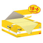 Une boîte ouverte de Post-it® Notes, jaunes (38 mm x 51 mm, 100 feuilles par bloc), de la marque 3M Deutschland GmbH, contient plusieurs feuilles jaunes ; l'emballage comprend 18 blocs + 6 gratuits et porte le label environnemental PEFC.