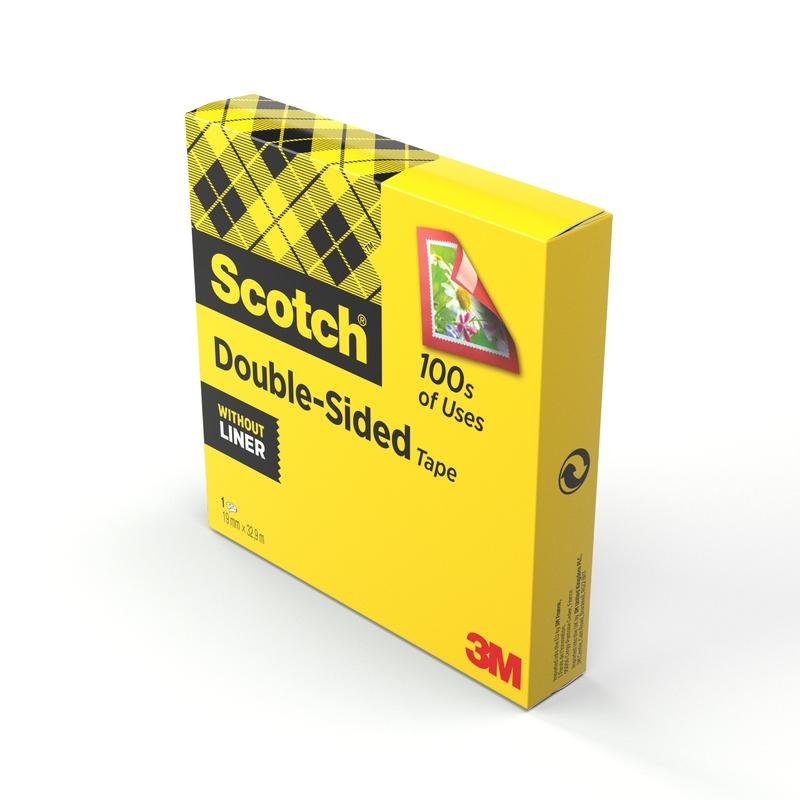 Une boîte jaune de ruban adhésif double face Scotch® (1 rouleau, 19 mm x 33 m) de 3M Deutschland GmbH, idéale pour les besoins en bricolage, montre l'étiquette et une carte florale - sans liner.
