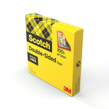 Une boîte jaune de ruban adhésif double face Scotch® (1 rouleau, 19 mm x 33 m) de 3M Deutschland GmbH, idéale pour les besoins en bricolage, montre l'étiquette et une carte florale - sans liner.