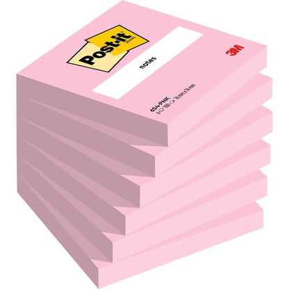 Un paquet de six Post-it® Notes roses (76 x 76 mm, 100 feuilles chacune, certifié PEFC) de 3M Deutschland GmbH a une étiquette blanche en haut avec le logo Post-it, "notes" et le logo 3M dans le coin inférieur droit.