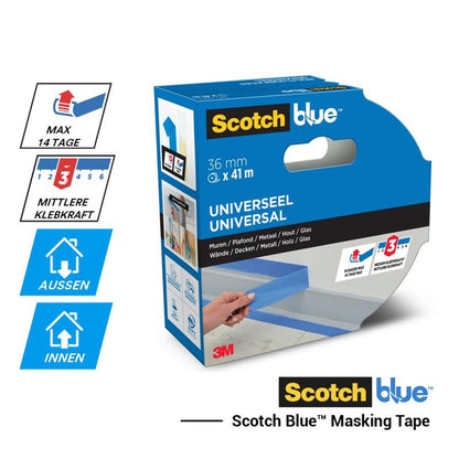 Une boîte de ruban de masquage ScotchBlue™ "Multi-Surface" (36 mm x 41 m) de 3M Deutschland GmbH est représentée. L'emballage indique une durée d'utilisation jusqu'à 14 jours, une adhérence moyenne, une adéquation pour l'intérieur et l'extérieur, et une compatibilité avec différentes surfaces.