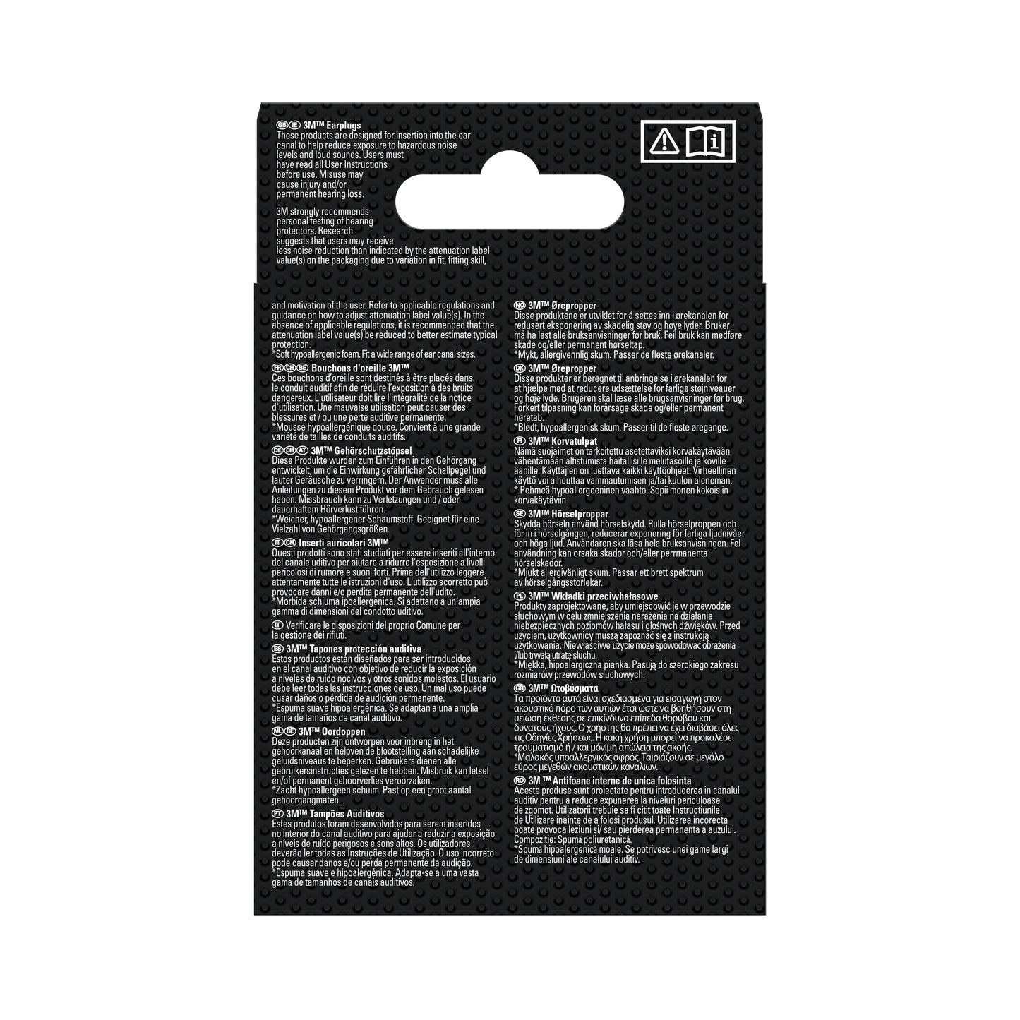 Rückansicht der 3M™ Gehörschutzstöpsel 1100 (Weichschaum, SNR 35 dB, Orange) Einzelhandelsverpackung von 3M Deutschland GmbH, mit weißer, mehrsprachiger Produktinformation in drei Spalten; Aufhängelasche am oberen Rand.