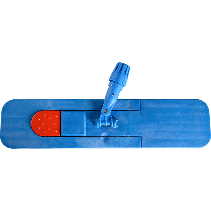 Der Magnet-Klapphalter von Abena Re-Seller GmbH ist ein blauer, rechteckiger Flachmoppkopf mit rotem Fußpedal und verstellbarem, blauem Gelenk zur Stielbefestigung, dargestellt von oben auf weißem Grund.