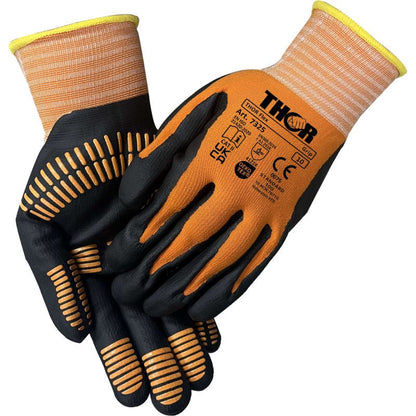 Une paire de gants de travail Thor Flex Multigrip orange et noir avec des manchettes jaunes et des lignes de prise noires. Un gant porte le nom de la marque Abena Re-Seller GmbH avec des certifications de sécurité et des spécifications.