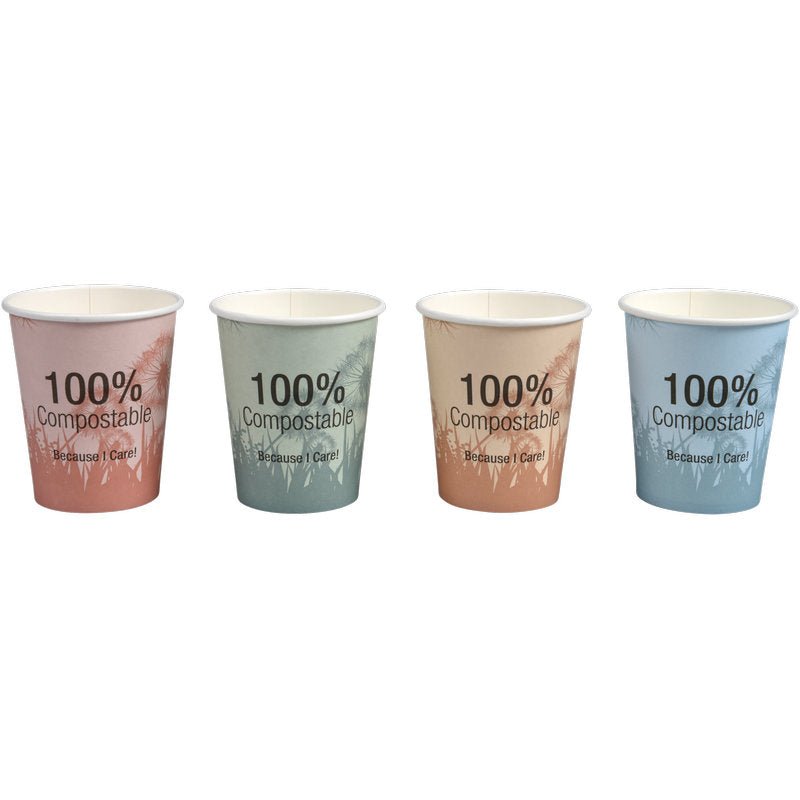 Quatre tasses à café pastel compostables "Dandelion" de Abena Re-Seller GmbH avec un design écologique et l'inscription "100% Compostable Because I Care!" offrent un plaisir élégant et durable.