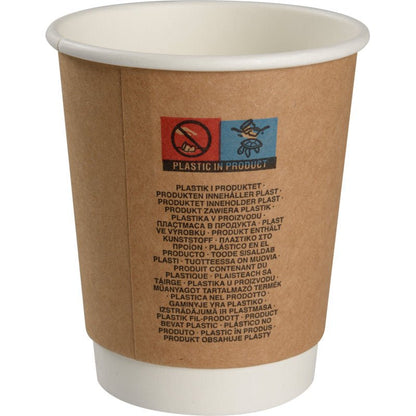 Le gobelet à café à double paroi "Kraft" d'Abena Re-Seller GmbH est un gobelet en carton jetable marron et blanc, avec des avertissements et "Plastic in Product" inscrits en plusieurs langues ; les gobelets isothermes en acier inoxydable offrent une alternative réutilisable.
