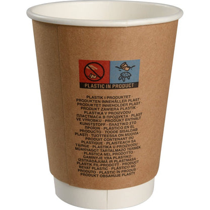 Le gobelet à café à double paroi "Kraft" d'Abena Re-Seller GmbH est un gobelet en papier jetable marron avec un intérieur blanc, marqué de texte multilingue et de pictogrammes pour le contenu plastique - idéal comme gobelet à emporter.