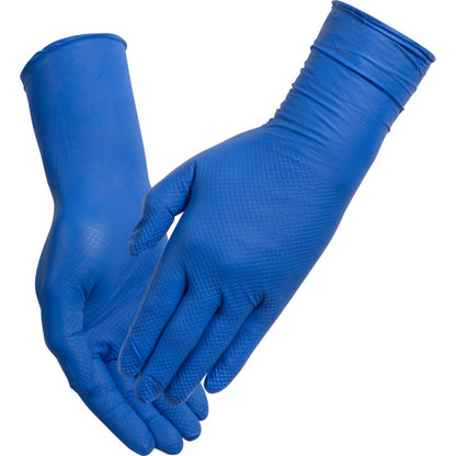 Ein Paar Hände, die Abena Re-Seller GmbH Thor Ultra Grip Long Nitril-Handschuhe, 30 cm, Blau, tragen, sind mit den Handflächen nach oben und leicht überlappend vor einem weißen Hintergrund dargestellt.