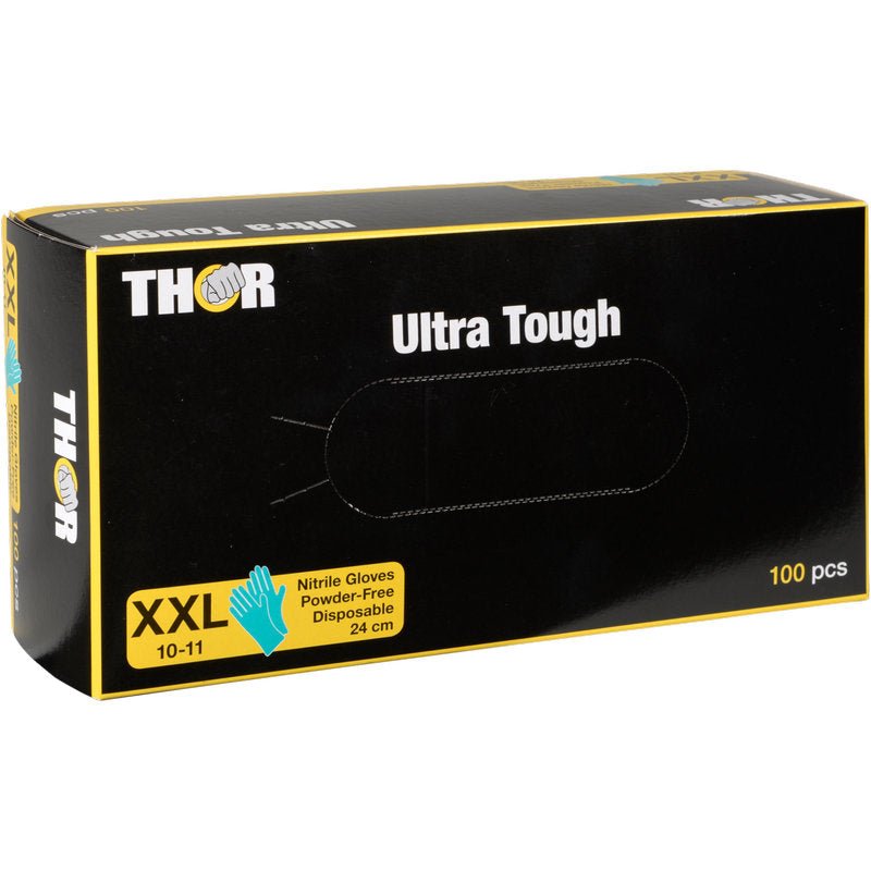 Une boîte de gants en nitrile Thor Ultra Tough, Vert de la société Abena Re-Seller GmbH, taille XXL (10-11), sans poudre et jetables, 24 cm de long, 100 pièces. Idéale pour une utilisation en extérieur grâce à sa durabilité. Boîte avec des accents de design verts.