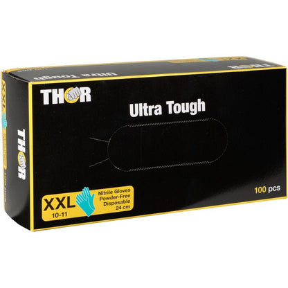 Une boîte de gants en nitrile Thor Ultra Tough, Vert de la société Abena Re-Seller GmbH, taille XXL (10-11), sans poudre et jetables, 24 cm de long, 100 pièces. Idéale pour une utilisation en extérieur grâce à sa durabilité. Boîte avec des accents de design verts.
