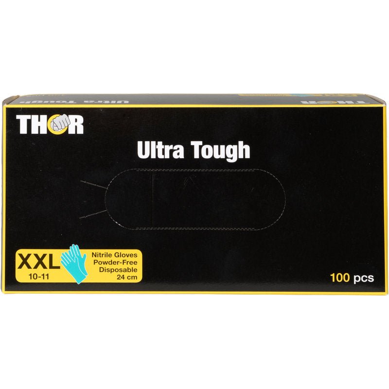 Une boîte rectangulaire noire avec l'inscription "Thor Ultra Tough, Vert" de la société Abena Re-Seller GmbH contient 100 gants jetables XXL en nitrile sans poudre, taille 10-11, 24 cm. Idéaux pour les activités de plein air - durables avec graphisme vert et accents jaunes.
