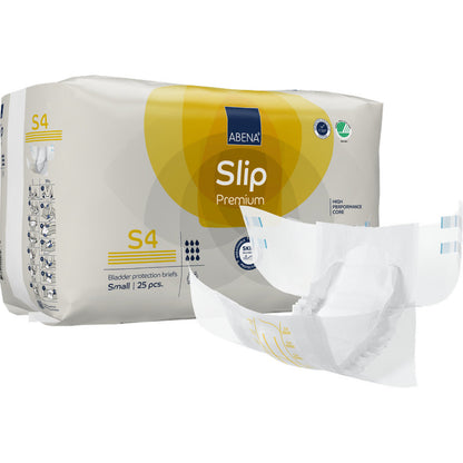 Un paquet de 25 ABENA Slip Premium de Abena Re-Seller GmbH, taille small. Devant le paquet, un slip ouvert est illustré pour mettre en avant le design et les caractéristiques pour une prise en charge efficace de l'incontinence.