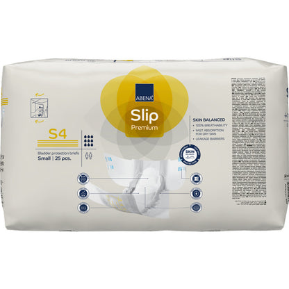 Un paquet de 25 ABENA Slip Premium de Abena Re-Seller GmbH, taille Small, contient des détails sur le produit, des symboles fonctionnels et une image de slip sur le devant pour une prise en charge efficace de l'incontinence.