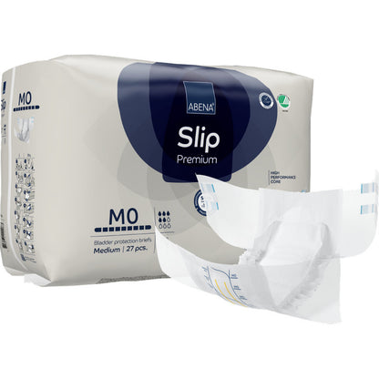 Un paquet de ABENA Slip Premium de Abena Re-Seller GmbH, taille moyenne, 27 pièces. Sur le devant est illustré un slip blanc avec des accents bleus et gris, mettant en avant sa forme et le design pour la prise en charge de l'incontinence.