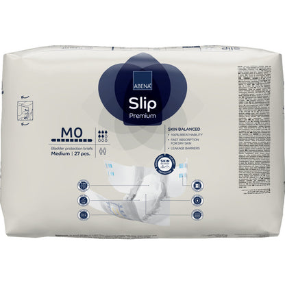 Un paquet de ABENA Slip Premium de Abena Re-Seller GmbH, taille moyenne, contient 27 pièces. L'emballage principalement blanc avec des accents bleus et gris offre une prise en charge fiable de l'incontinence et contient des informations détaillées sur le produit.
