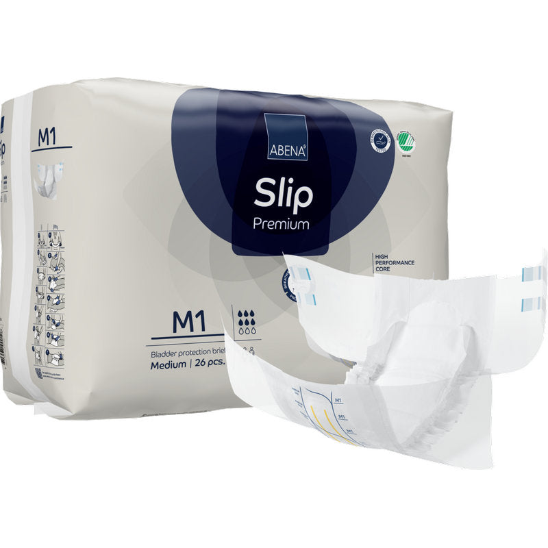 Illustré est un paquet avec l'inscription "ABENA Slip Premium" de Abena Re-Seller GmbH avec une couche dépliée à l'avant. Le paquet contient 26 pièces de taille moyenne pour une prise en charge fiable de l'incontinence.
