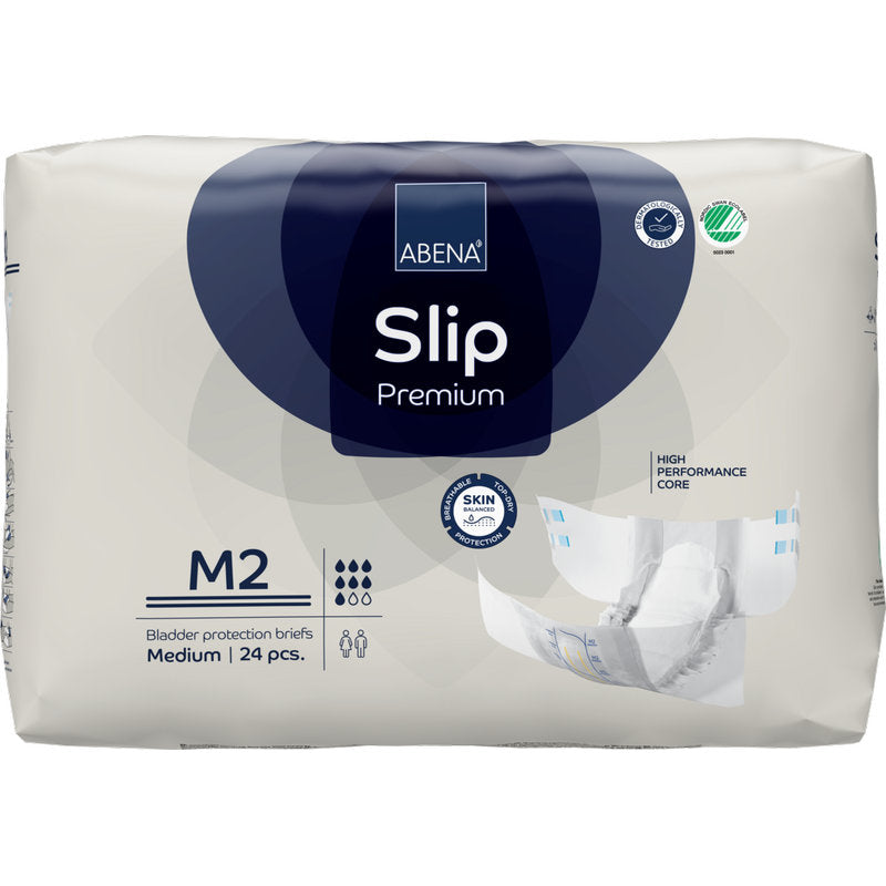 Un paquet de 24 ABENA Slip Premium de Abena Re-Seller GmbH, taille M2 medium, offre une protection contre l'incontinence performante et respectueuse de la peau pour le confort et la sécurité.