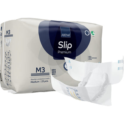 Illustré est un paquet de ABENA Slip Premium de Abena Re-Seller GmbH avec un slip moyen en dehors de l'emballage. Le paquet contient 23 slips pour une prise en charge fiable de l'incontinence.