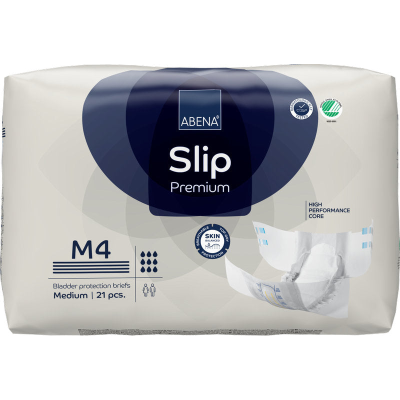 Un paquet de 21 ABENA Slip Premium de Abena Re-Seller GmbH, taille M4, pour une prise en charge efficace de l'incontinence. L'emballage se distingue par un noyau haute performance, respectueux de la peau et l'illustration d'un slip ouvert.