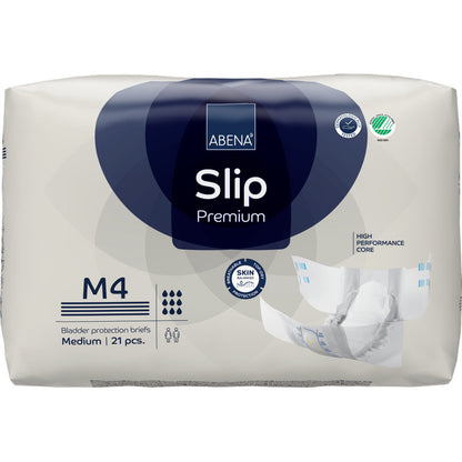 Un paquet de 21 ABENA Slip Premium de Abena Re-Seller GmbH, taille M4, pour une prise en charge efficace de l'incontinence. L'emballage se distingue par un noyau haute performance, respectueux de la peau et l'illustration d'un slip ouvert.