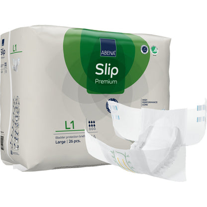 Un paquet de slips d'incontinence pour adultes ABENA Slip Premium de Abena Re-Seller GmbH, taille Large, contient 26 pièces. Un slip est illustré à l'extérieur de l'emballage, montrant son design déplié et son noyau absorbant pour une protection fiable.