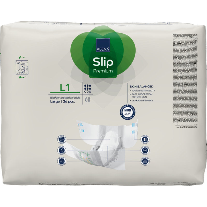 Un paquet de 26 pièces ABENA Slip Premium de Abena Re-Seller GmbH, taille large, pour une prise en charge efficace de l'incontinence. L'emballage principalement blanc a des accents verts et bleus avec des informations sur le produit et des illustrations.