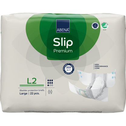 Un paquet de 22 pièces ABENA Slip Premium de Abena Re-Seller GmbH, taille Large, dans un emballage principalement blanc avec des accents verts ; dispose d'un 'noyau haute performance' pour une protection efficace contre les fuites.