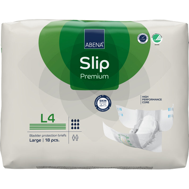 Un paquet ABENA Slip Premium de Abena Re-Seller GmbH, taille Large (L4), contient 18 slips. L'emballage blanc-vert montre un slip ouvert et des icônes pour une grande absorption et une protection de la peau.