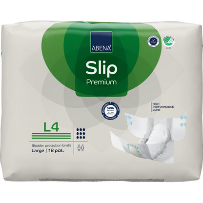 Un paquet ABENA Slip Premium de Abena Re-Seller GmbH, taille Large (L4), contient 18 slips. L'emballage blanc-vert montre un slip ouvert et des icônes pour une grande absorption et une protection de la peau.