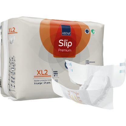 ABENA Slip Premium de Abena Re-Seller GmbH, taille XL2, offre une protection fiable contre l'incontinence avec un noyau performant. Le paquet contient 21 pièces, avec une couche non pliée illustrée à l'avant.