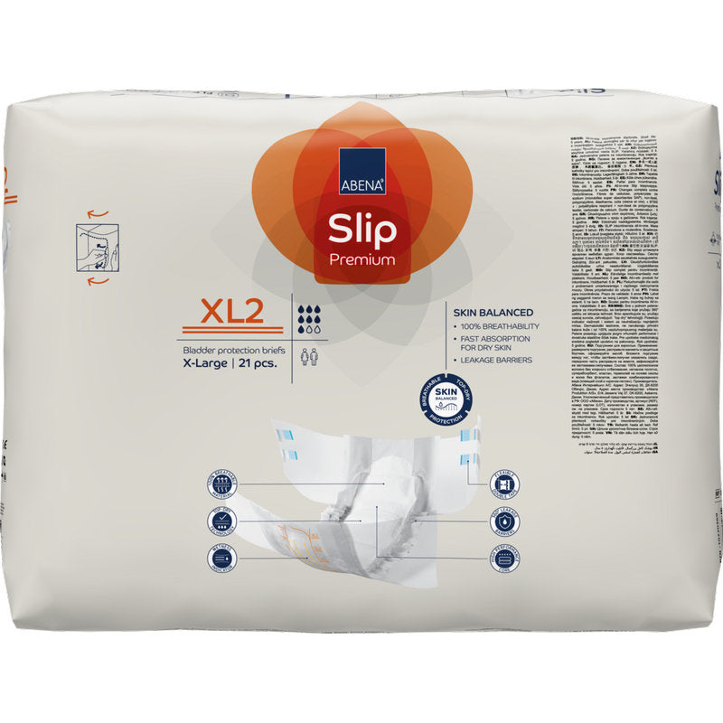 Un paquet de ABENA Slip Premium de Abena Re-Seller GmbH, taille XL2, contient 21 pièces dans un emballage beige avec des accents bleus et orange, des détails sur le produit, une main tenant une couche, et des icônes de soins pour l'incontinence.