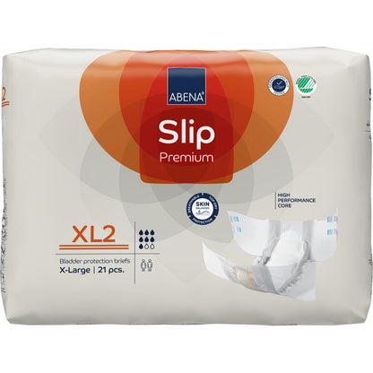 Un paquet de 21 pièces ABENA Slip Premium de la Abena Re-Seller GmbH en taille X-Large a un emballage blanc avec des accents orange et rouges, mettant en avant les principaux avantages pour une prise en charge efficace de l'incontinence.