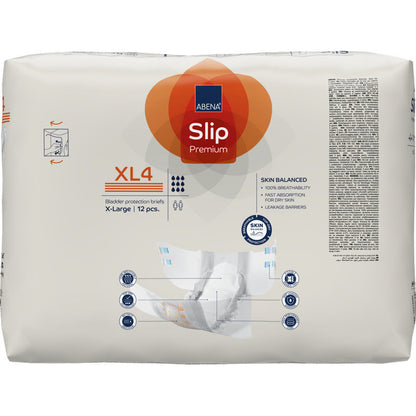 Un paquet de ABENA Slip Premium de Abena Re-Seller GmbH, taille XL4 X-Large, 12 pièces par paquet, avec une partie avant et des mains tenant un slip - parfait pour une prise en charge fiable de l'incontinence.